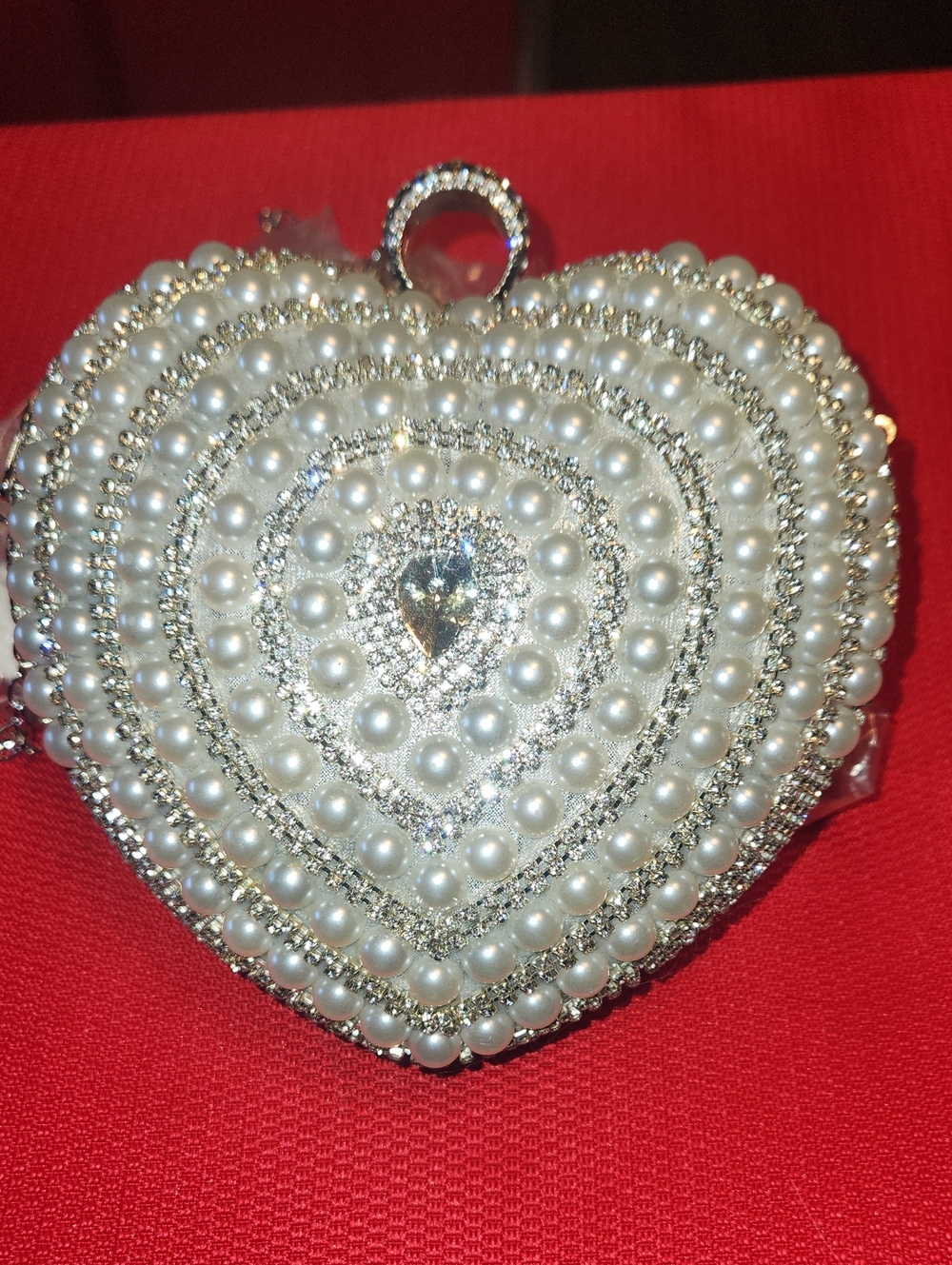 Pearl & Crystal Heart Clutch - White